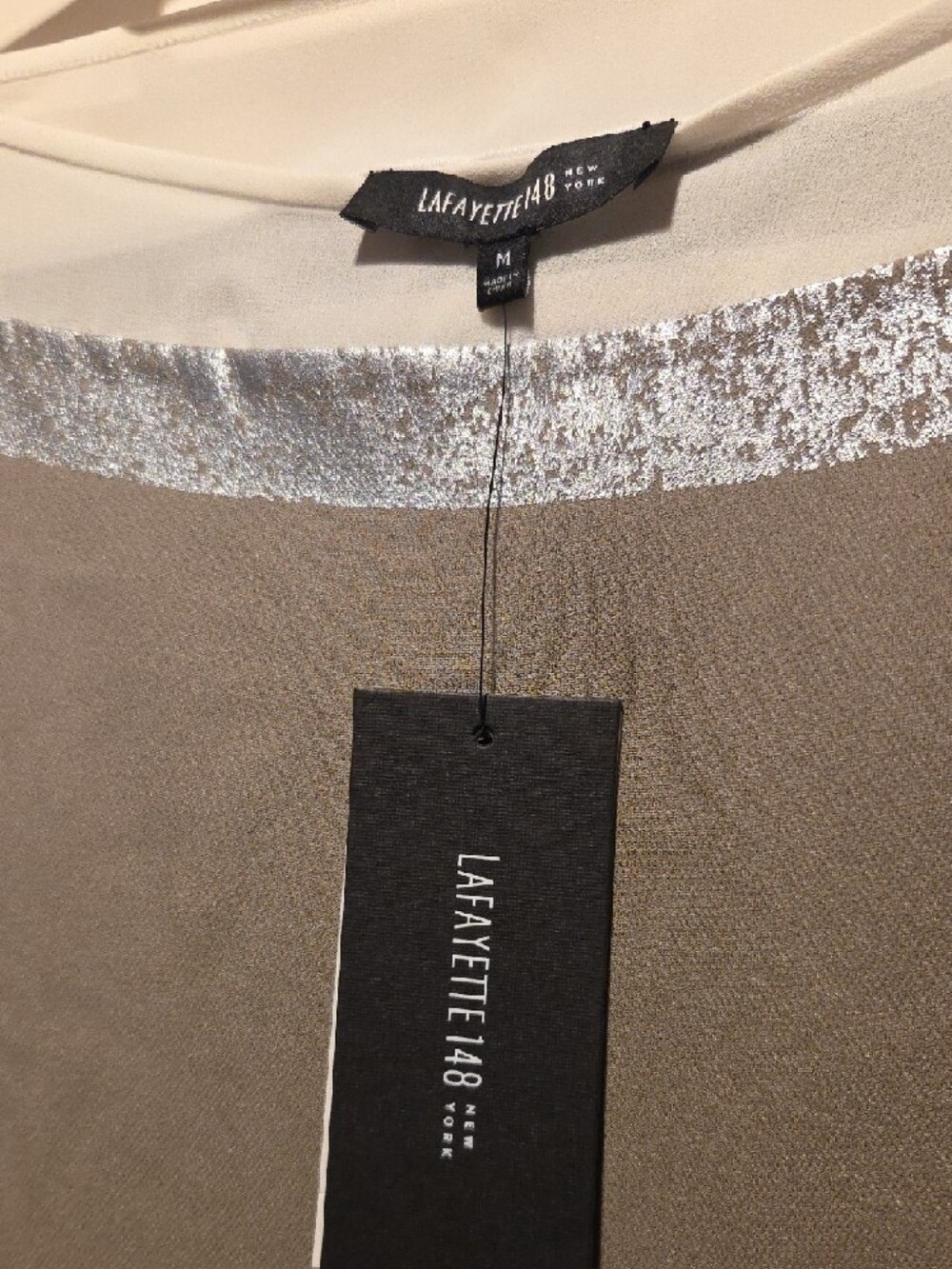 Lafayette 148 New York Taupe and White Silk-Trim Blouse with Silver Accent - Picture 3 of 7